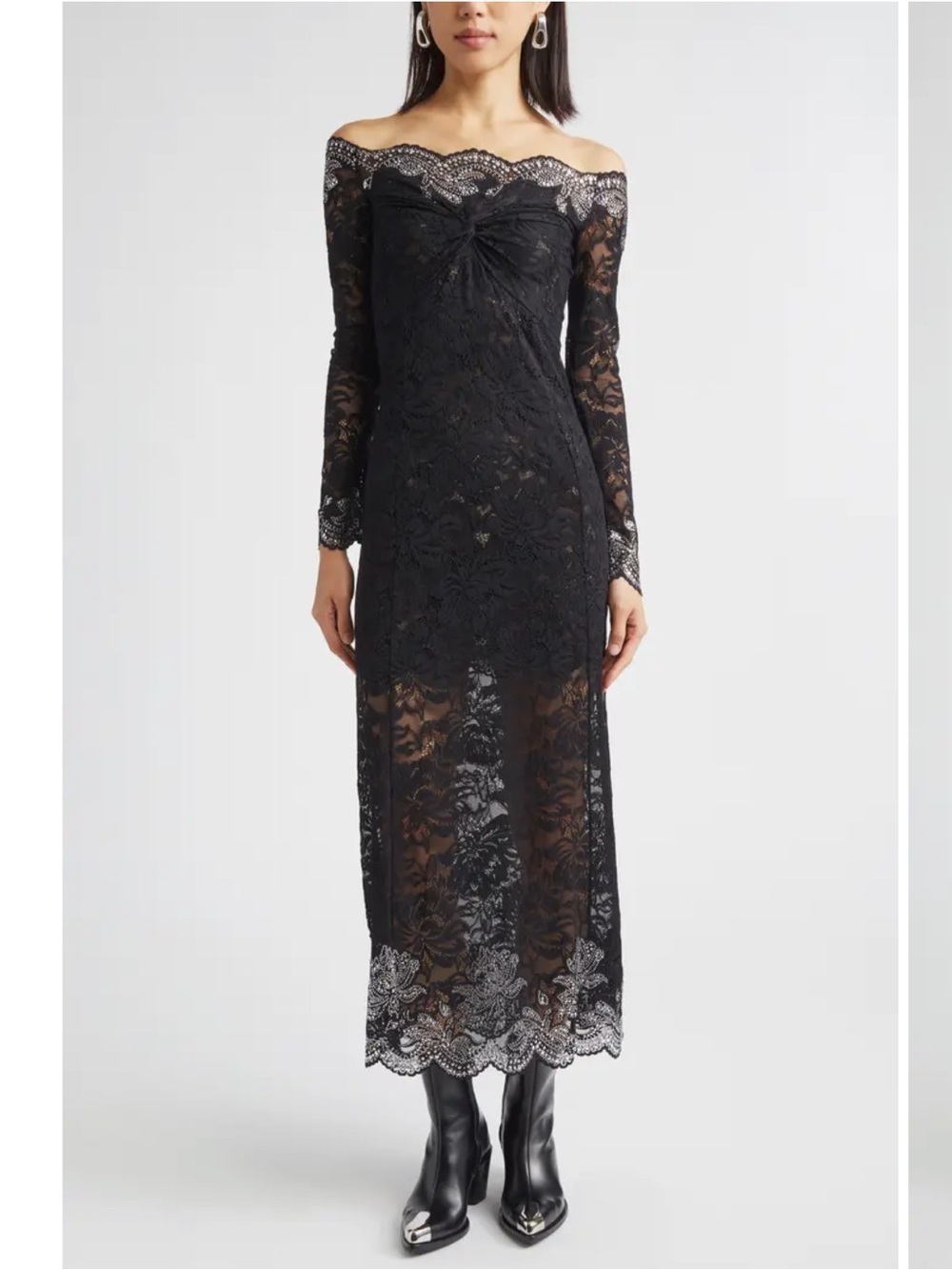 Paco Rabanne Twist Front Off the Shoulder Long Sleeve Lace Midi Dress